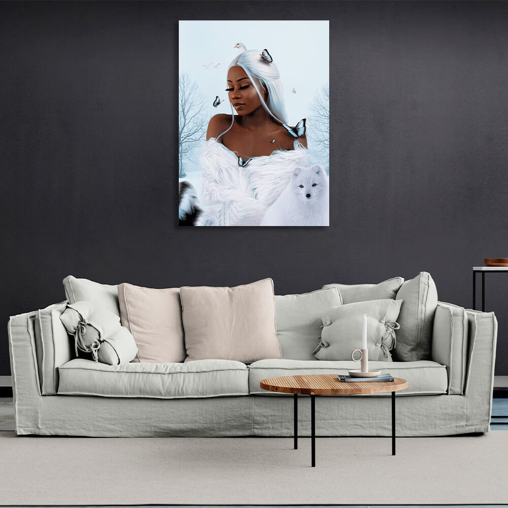 Beautiful African with fox, butterflies and doves Canvas Wall Art Print