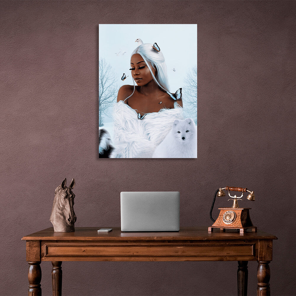 Beautiful African with fox, butterflies and doves Canvas Wall Art Print