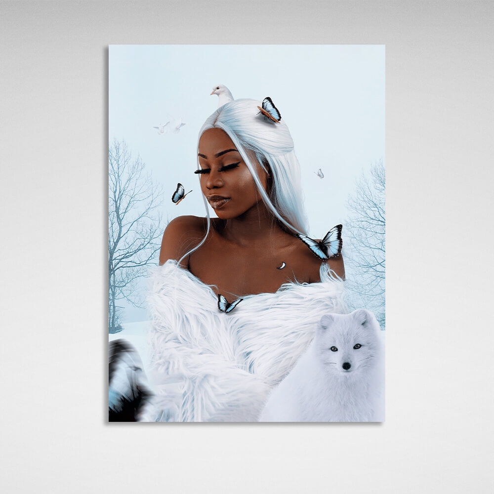 Beautiful African with fox, butterflies and doves Canvas Wall Art Print