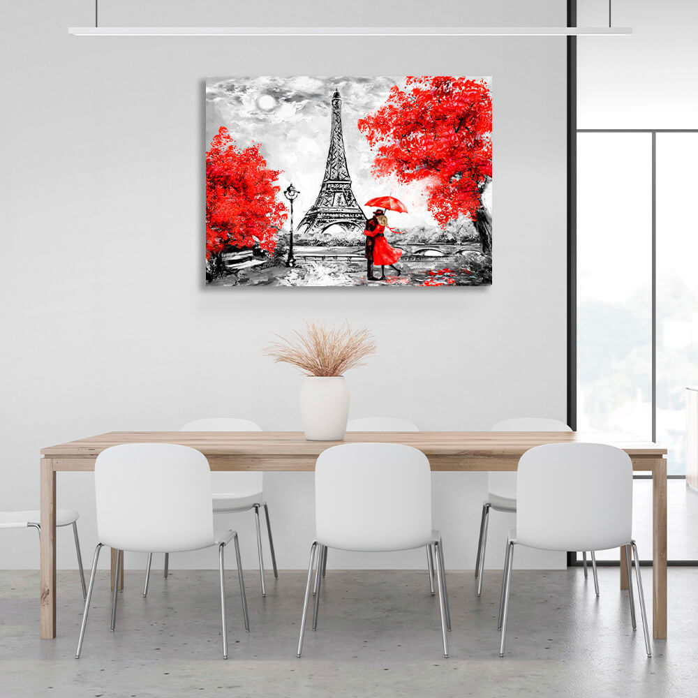 Eiffel Tower Autumn in Paris couple under an umbrella Canvas Wall Art Print