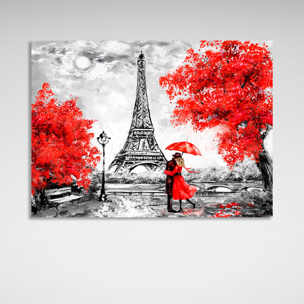 Eiffel Tower Autumn in Paris couple under an umbrella Canvas Wall Art Print