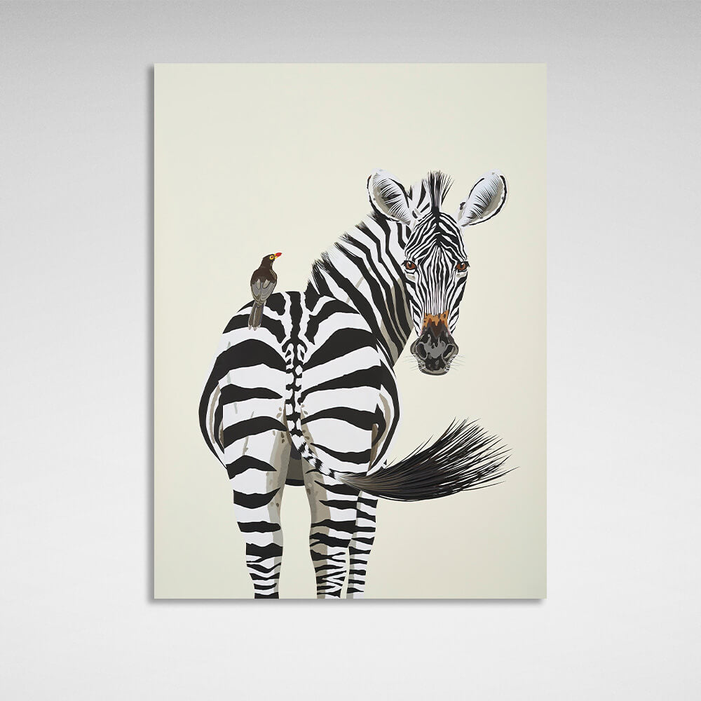 Kunstdruck auf Leinwand, Motiv: Ein Zebra und ein Vogel