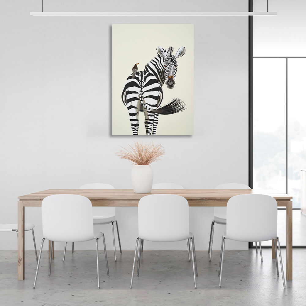 A zebra and a bird Canvas Wall Art Print