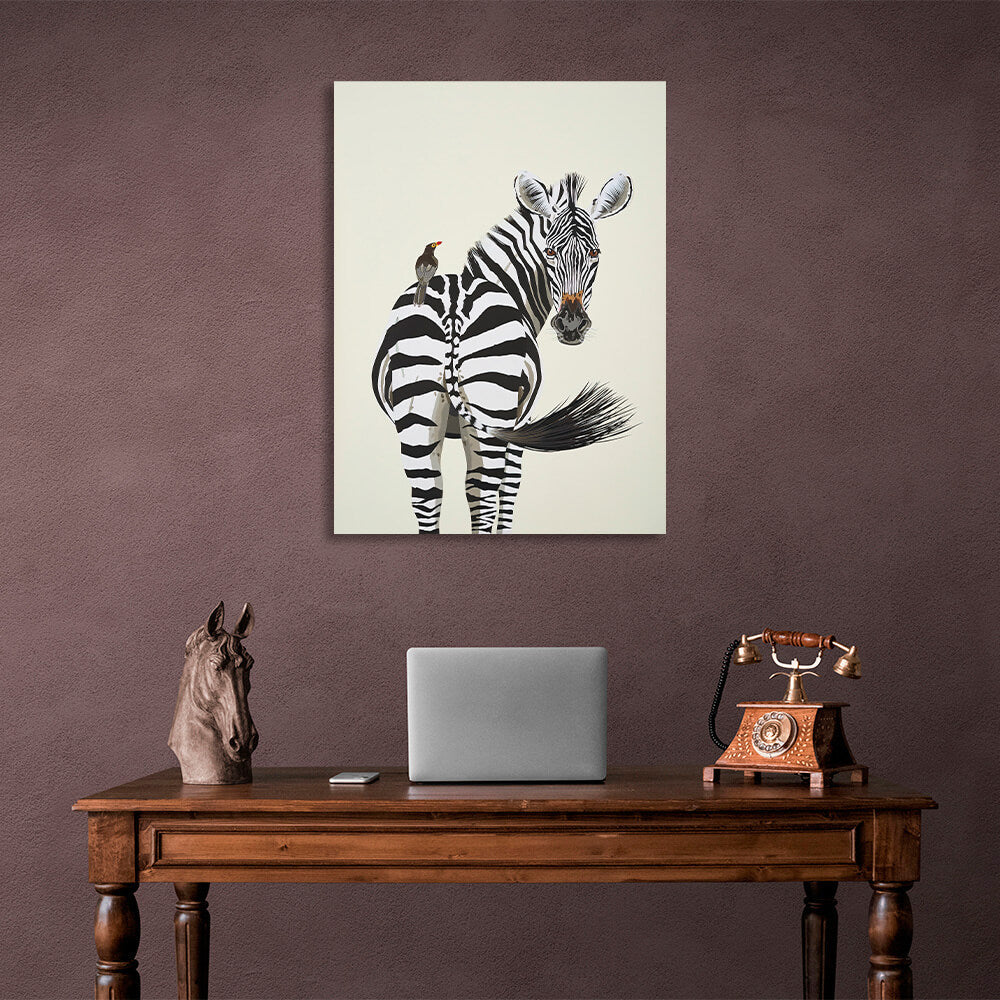 A zebra and a bird Canvas Wall Art Print