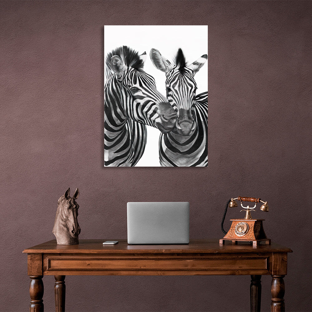 Kunstdruck auf Leinwand, Motiv: Zwei Zebras, schwarz-weiß