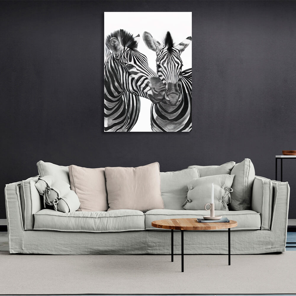 Two zebras black and white  Canvas Wall Art Print