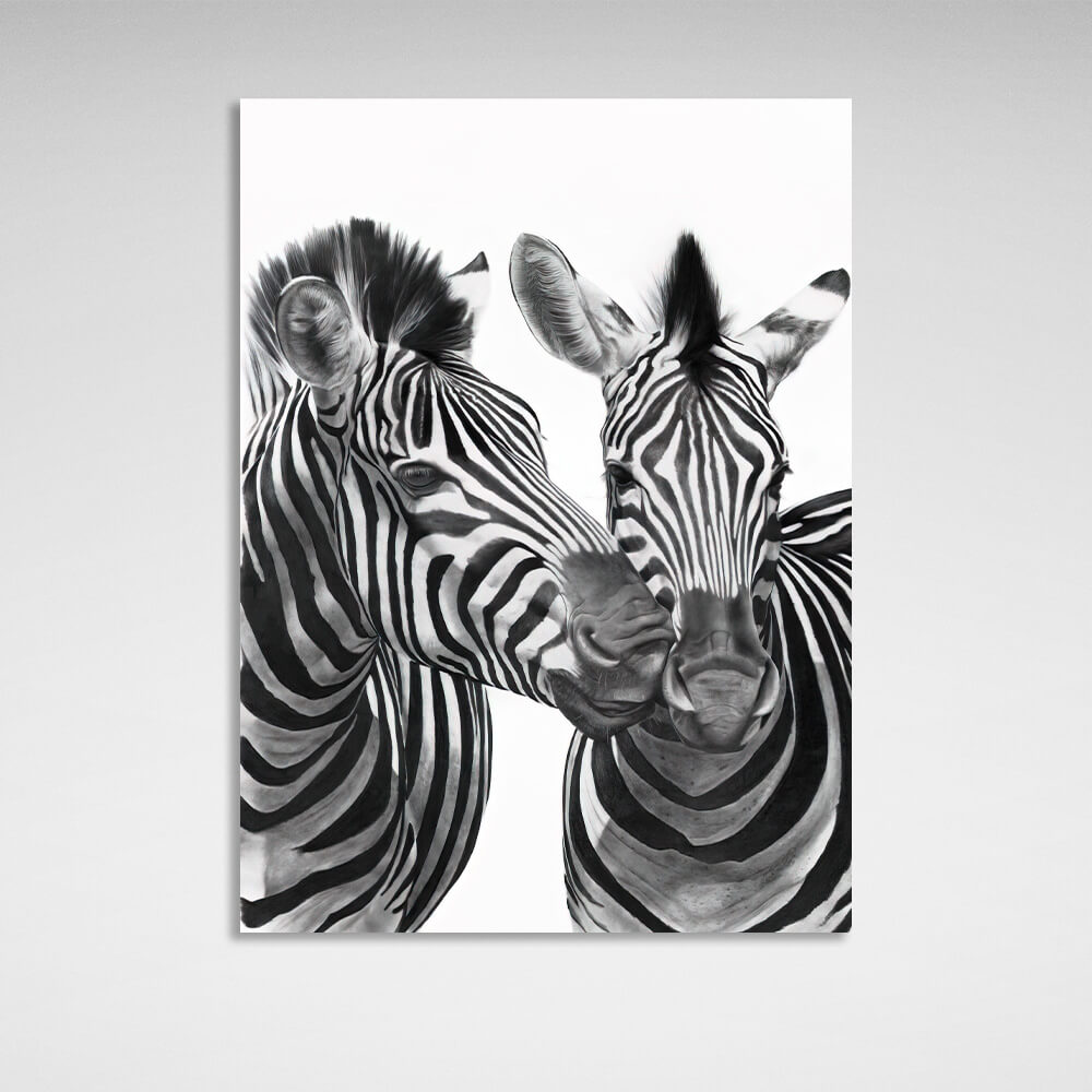 Kunstdruck auf Leinwand, Motiv: Zwei Zebras, schwarz-weiß