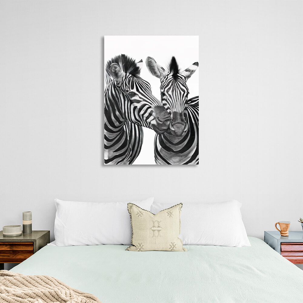 Two zebras black and white  Canvas Wall Art Print