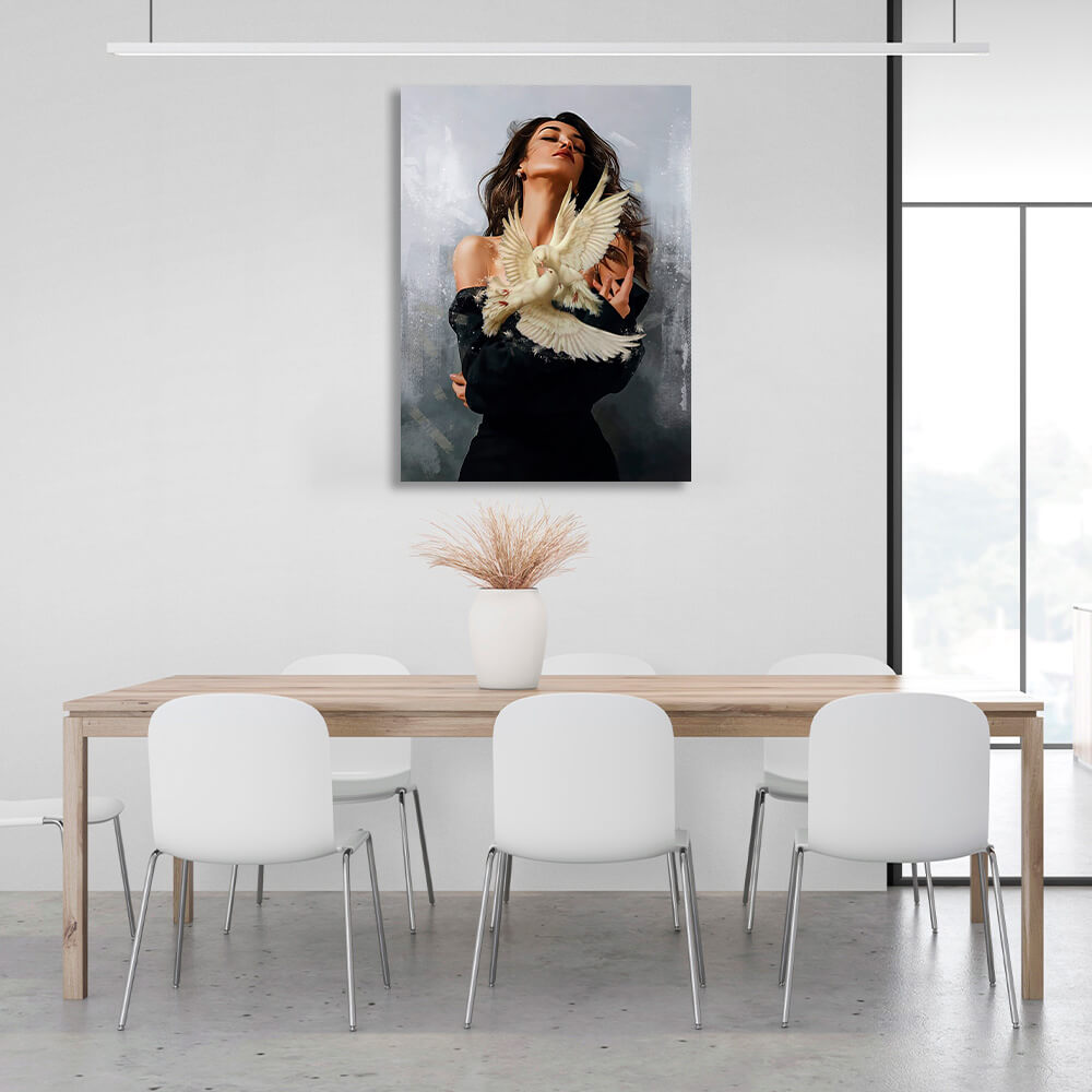 A beautiful girl and two lovebirds Canvas Wall Art Print