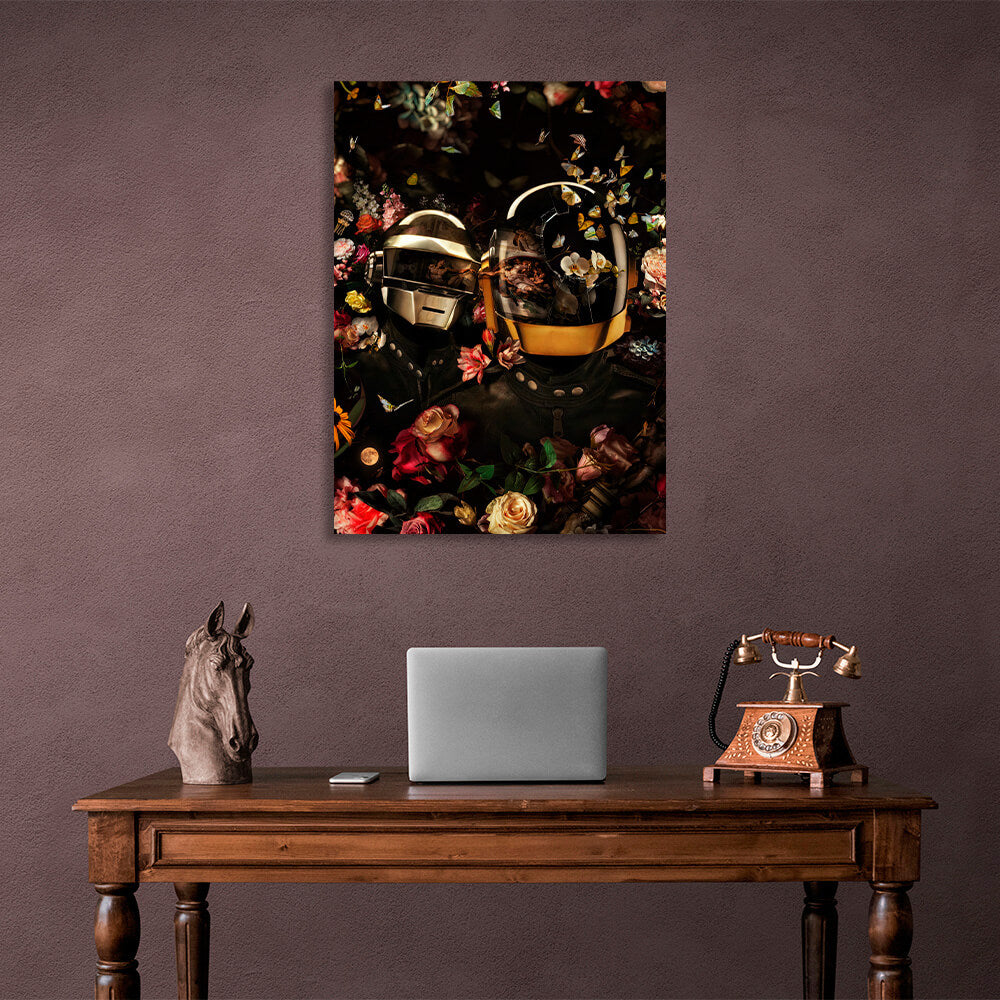 Bikers in flowers and with butterflies Adam's creation Canvas Wall Art Print