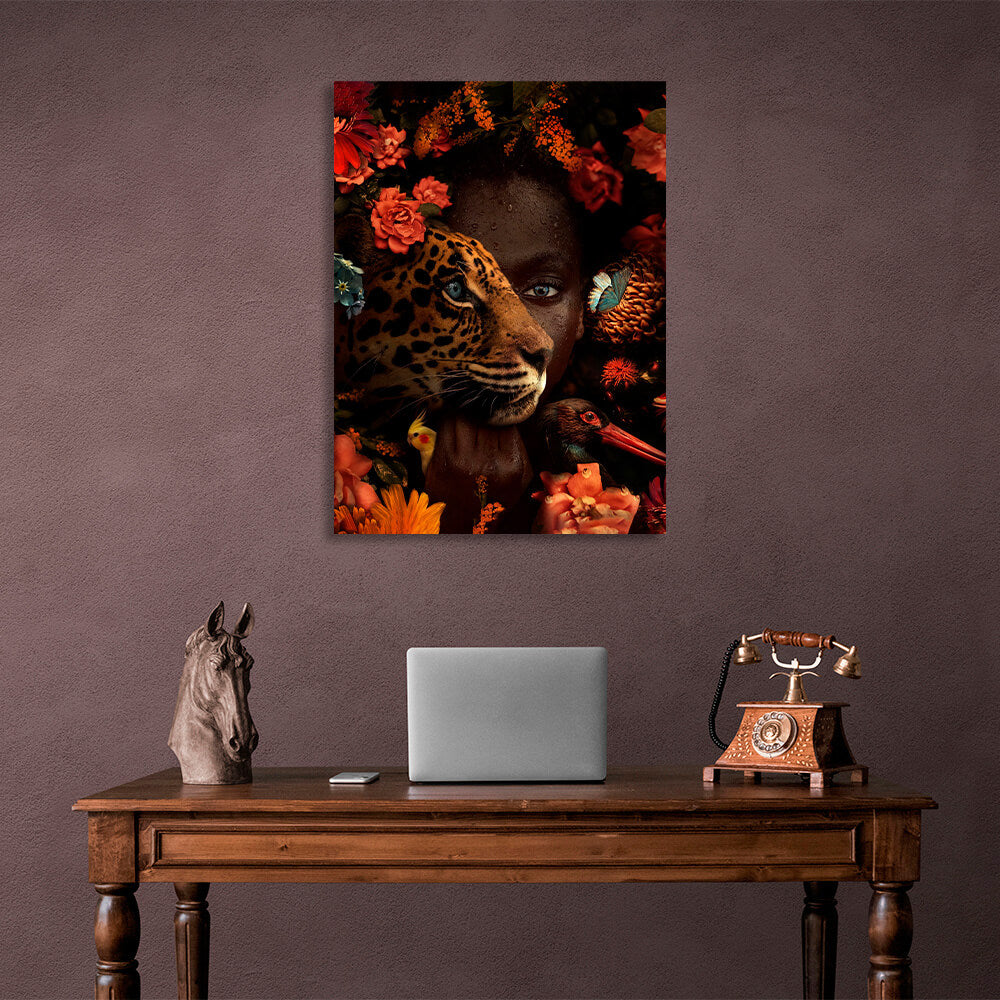 African woman, leopard and birds in flowers Canvas Wall Art Print