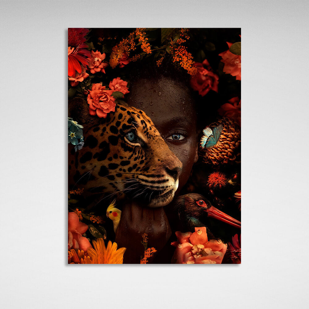 Kunstdruck auf Leinwand, Motiv: Afrikanische Frau, Leopard und Vögel in Blumen