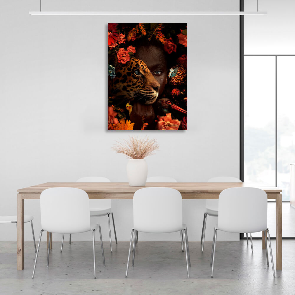 African woman, leopard and birds in flowers Canvas Wall Art Print