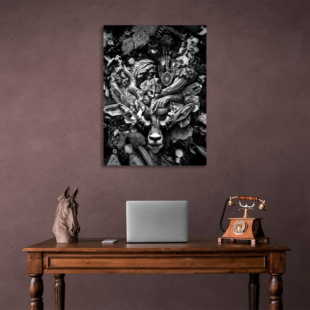 Black and white Antelope and a statue of a woman in flowers Canvas Wall Art Print