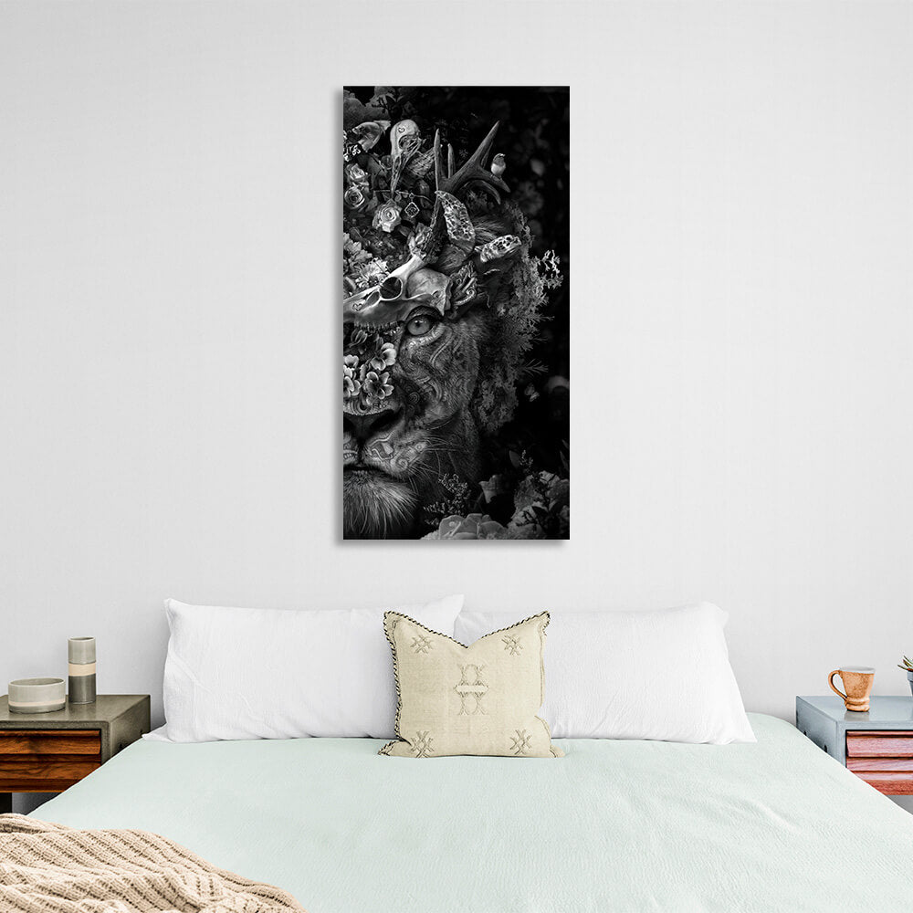 Black and white Lion and turtle in flowers Canvas Wall Art Print