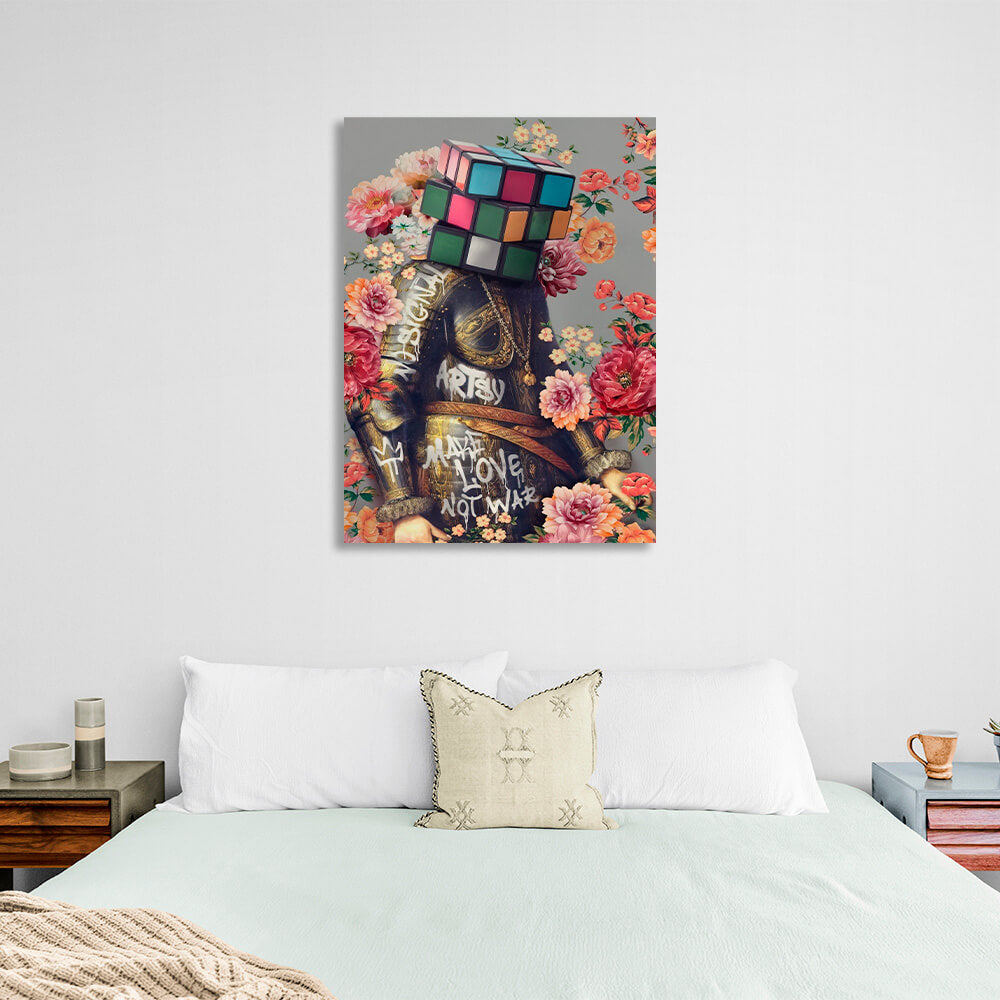 Knight in colors head Rubik's cube head graffiti left Canvas Wall Art Print