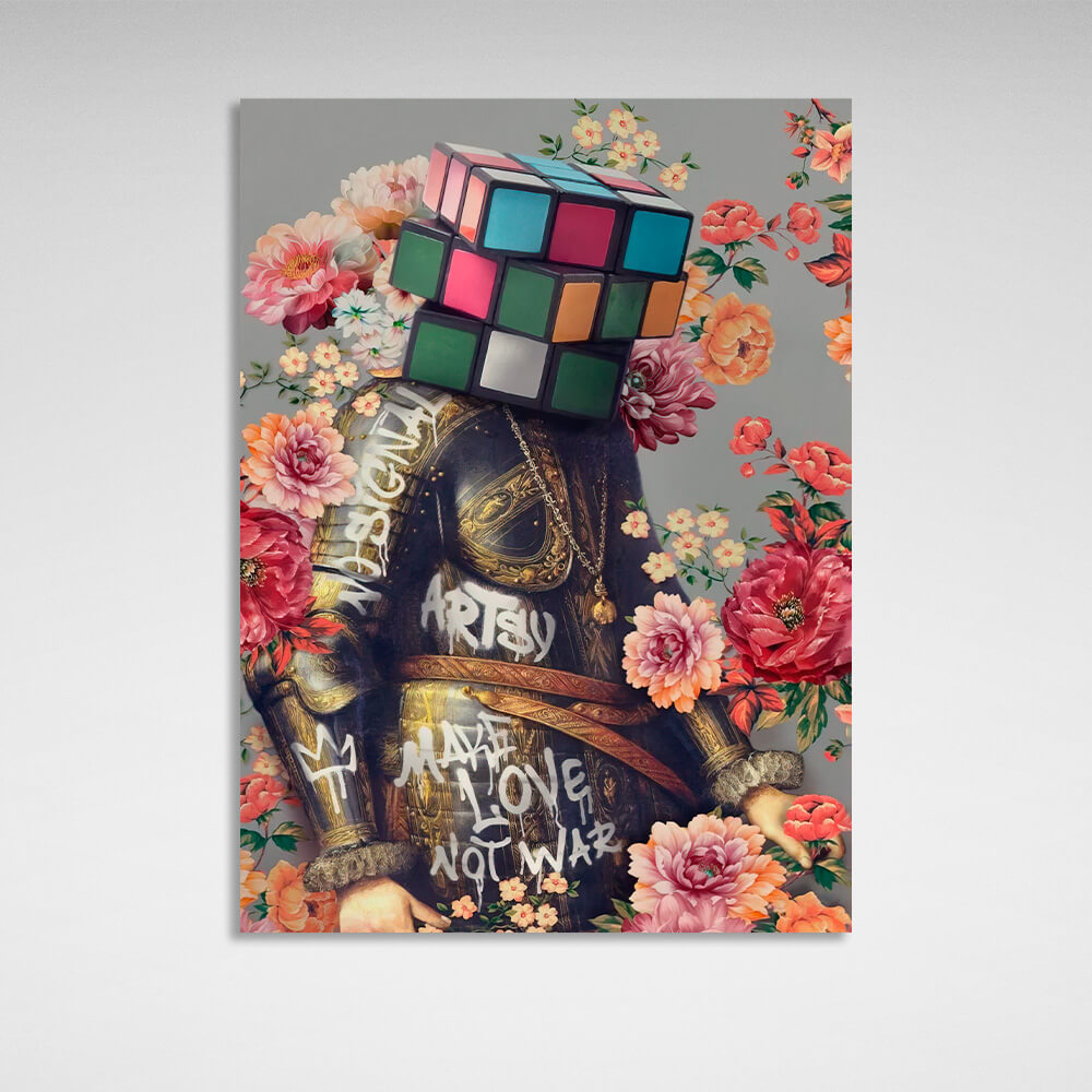 Knight in colors head Rubik's cube head graffiti left Canvas Wall Art Print