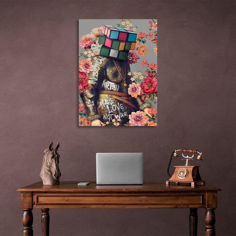 Knight in colors head Rubik's cube head graffiti left Canvas Wall Art Print