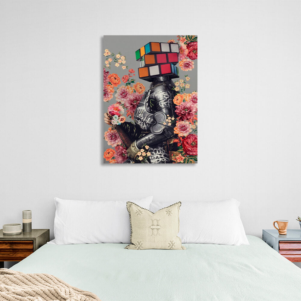 Knight in colors head Rubik's cube head graffiti right Canvas Wall Art Print