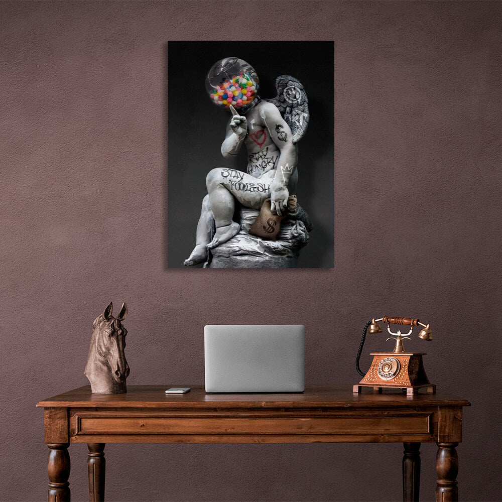 Statue of an angel head candy graffiti and a bag of money Inspirational Canvas Wall Art Print