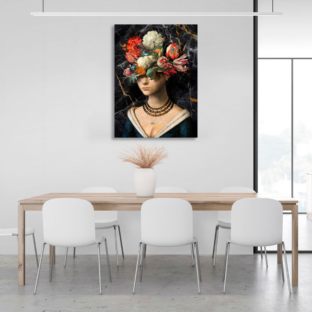 Das Mädchen mit Blumen auf dem Kopf ist ein Kunstdruck auf Leinwand im Vintage-Design.