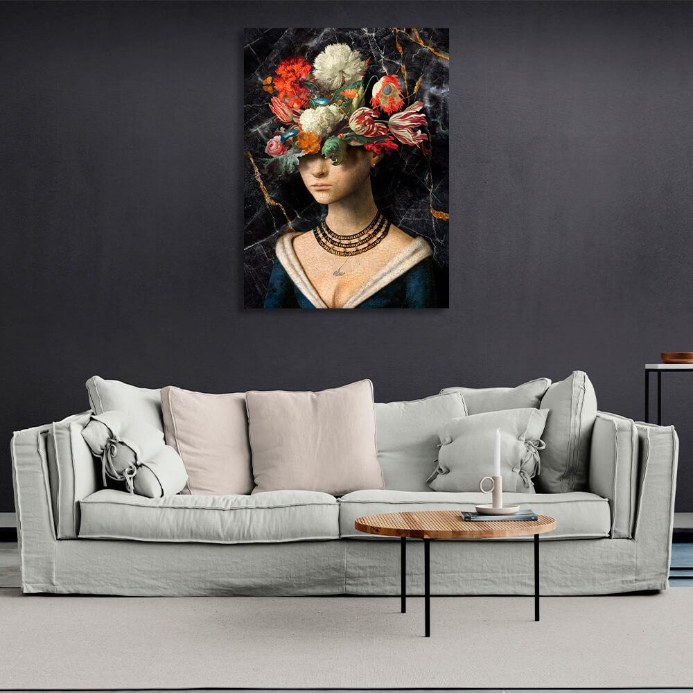 Das Mädchen mit Blumen auf dem Kopf ist ein Kunstdruck auf Leinwand im Vintage-Design.