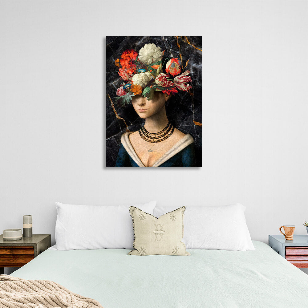 Das Mädchen mit Blumen auf dem Kopf ist ein Kunstdruck auf Leinwand im Vintage-Design.