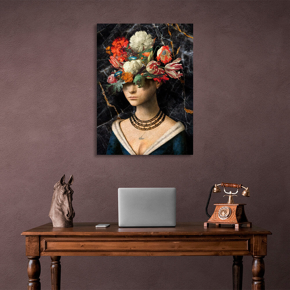 Das Mädchen mit Blumen auf dem Kopf ist ein Kunstdruck auf Leinwand im Vintage-Design.