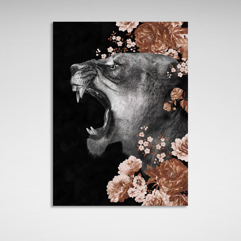 Lioness in colors on black background with flowers Canvas Wall Art Print