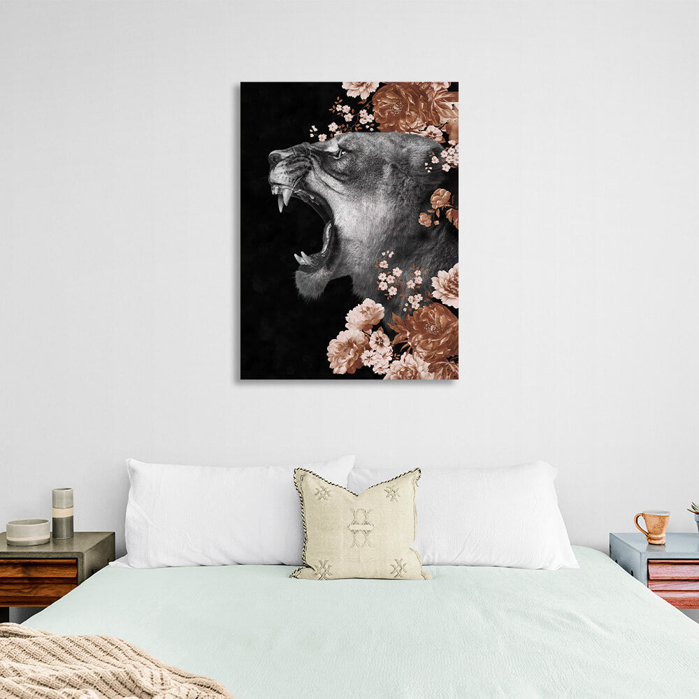 Lioness in colors on black background with flowers Canvas Wall Art Print