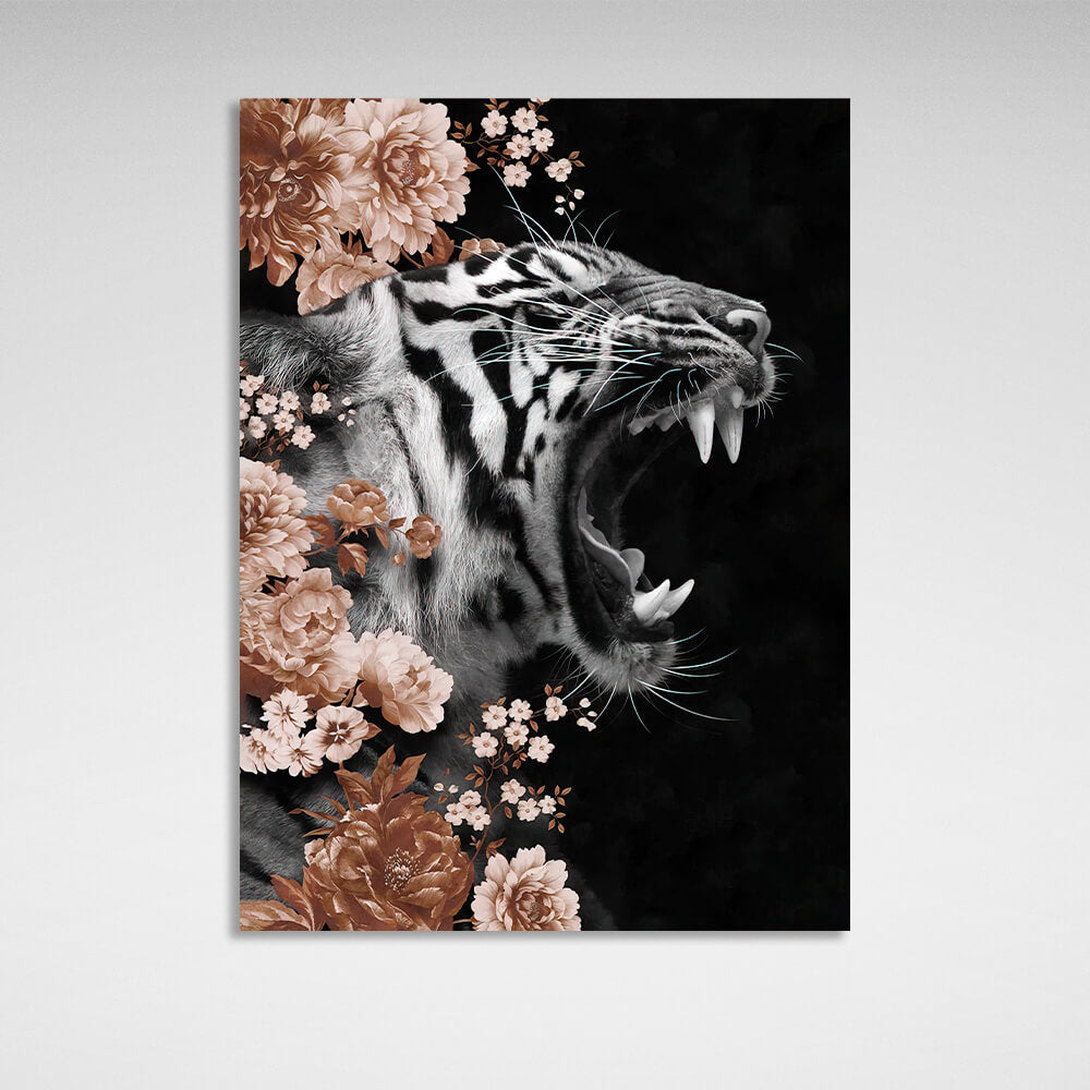 Tigerin in Farben auf schwarzem Hintergrund mit Blumen Leinwand Wand Kunstdruck