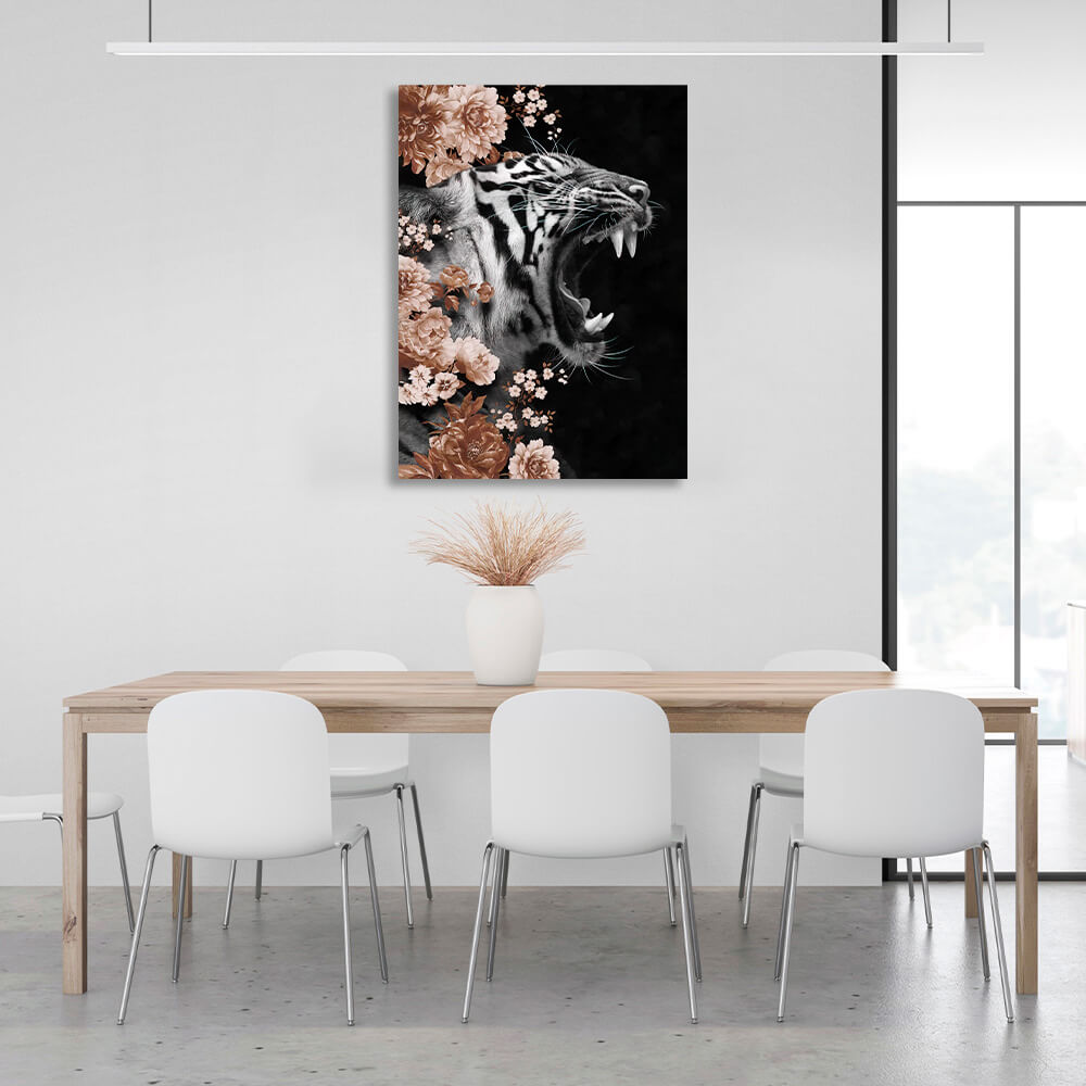 Tigerin in Farben auf schwarzem Hintergrund mit Blumen Leinwand Wand Kunstdruck