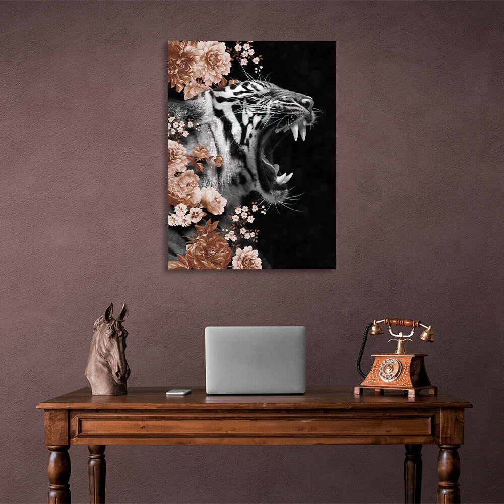 Tigress in colors on black background with flowers Canvas Wall Art Print