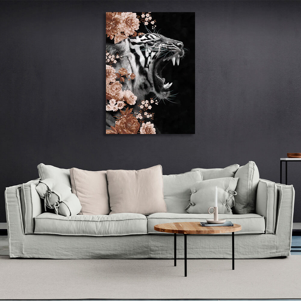 Tigerin in Farben auf schwarzem Hintergrund mit Blumen Leinwand Wand Kunstdruck