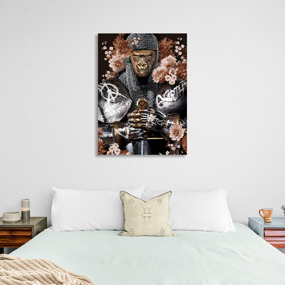 Gorila Knight Graphit auf schwarzem Hintergrund mit Blumen Leinwand Wand Kunstdruck