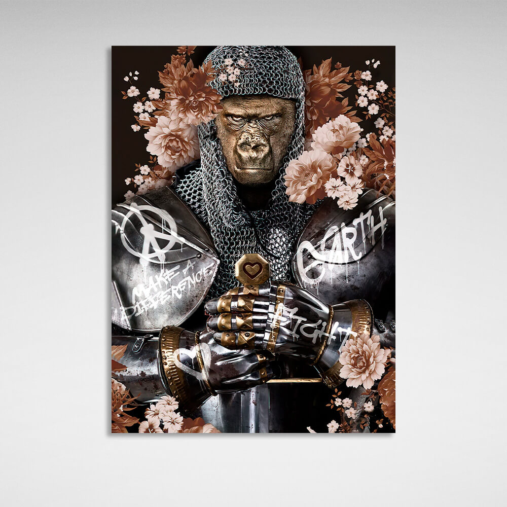 Gorila knight graphitti on black background with flowers Canvas Wall Art Print