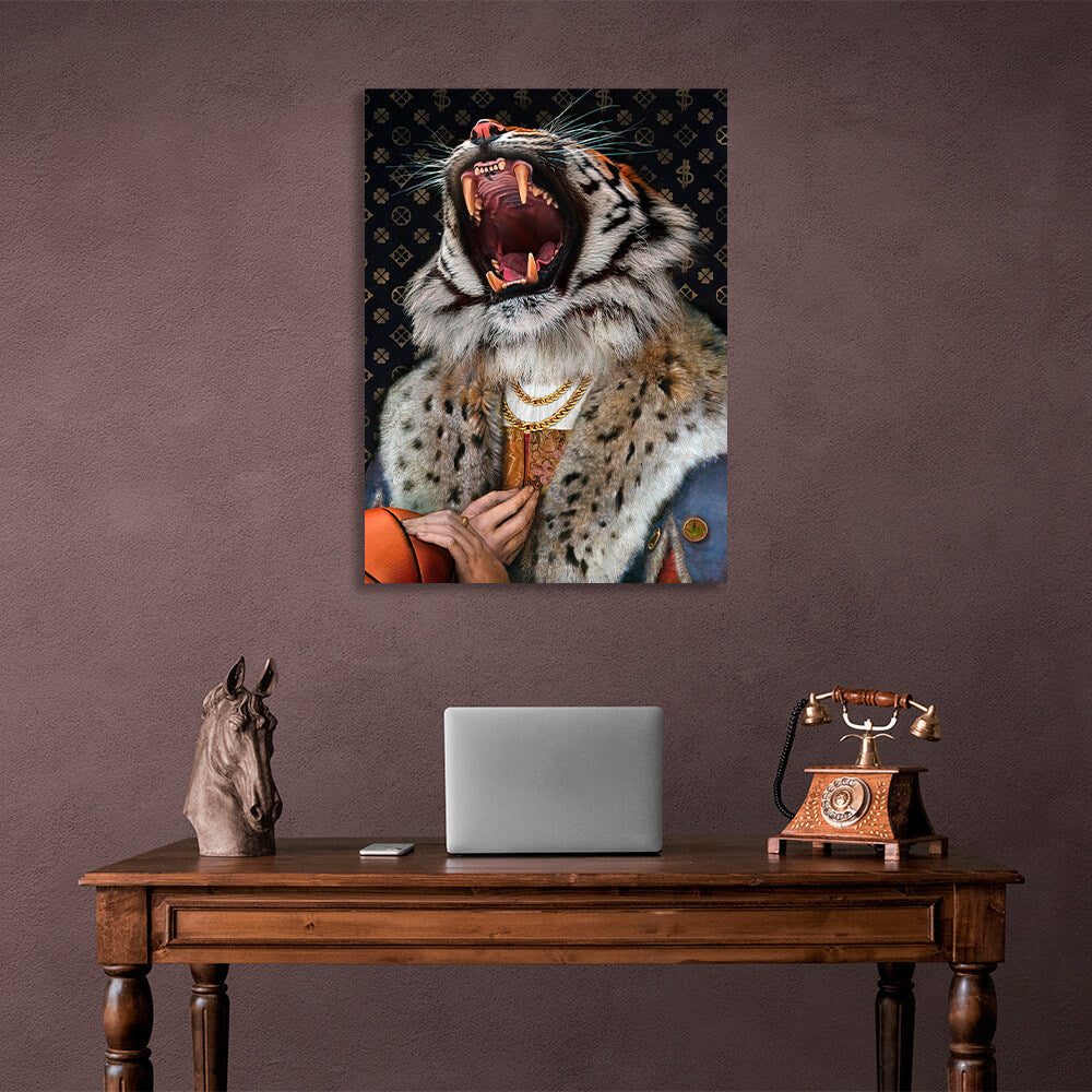 A tiger in a fur coat with chains Canvas Wall Art Print