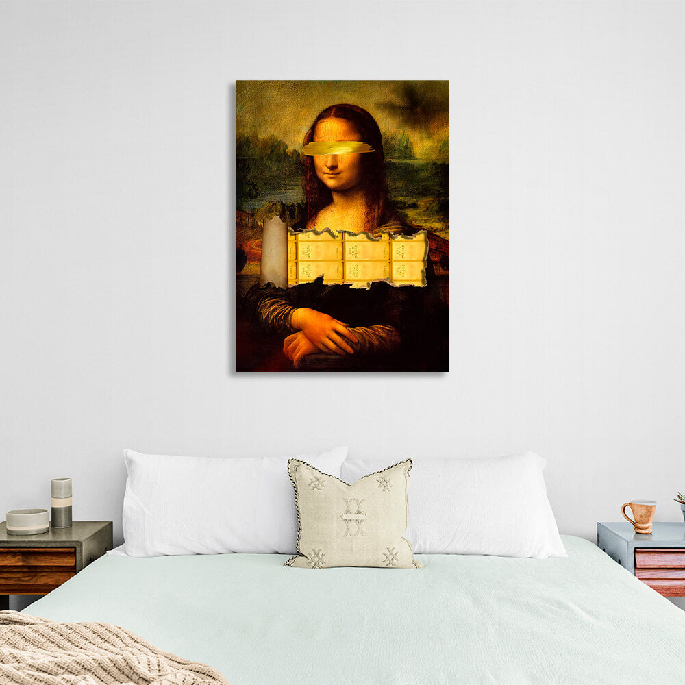 Mona Lisa mit Goldbarren, inspirierender Kunstdruck auf Leinwand