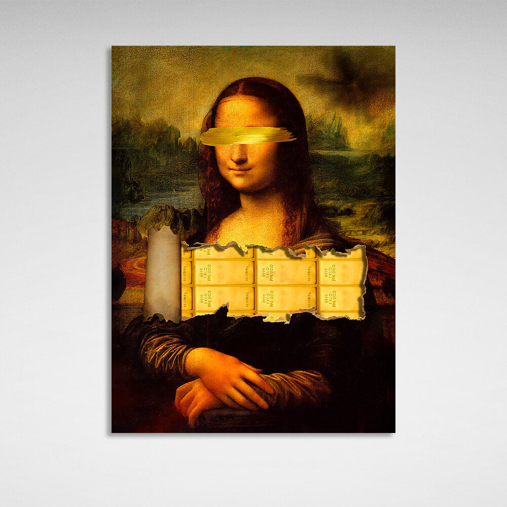 Mona Lisa mit Goldbarren, inspirierender Kunstdruck auf Leinwand