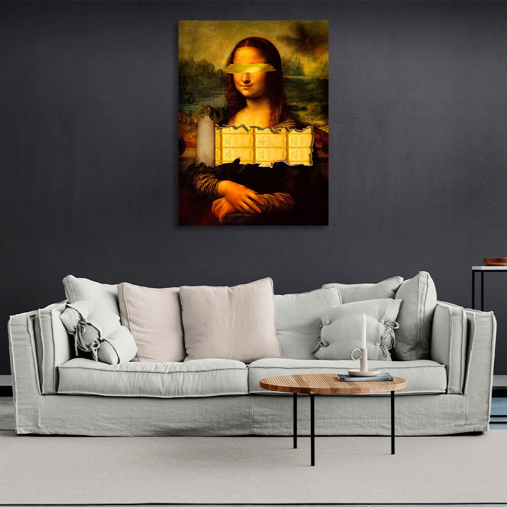 Mona Lisa mit Goldbarren, inspirierender Kunstdruck auf Leinwand