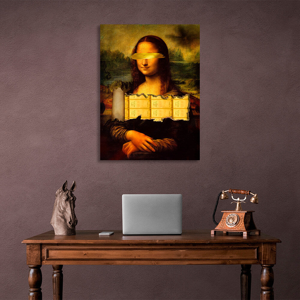 Mona Lisa mit Goldbarren, inspirierender Kunstdruck auf Leinwand