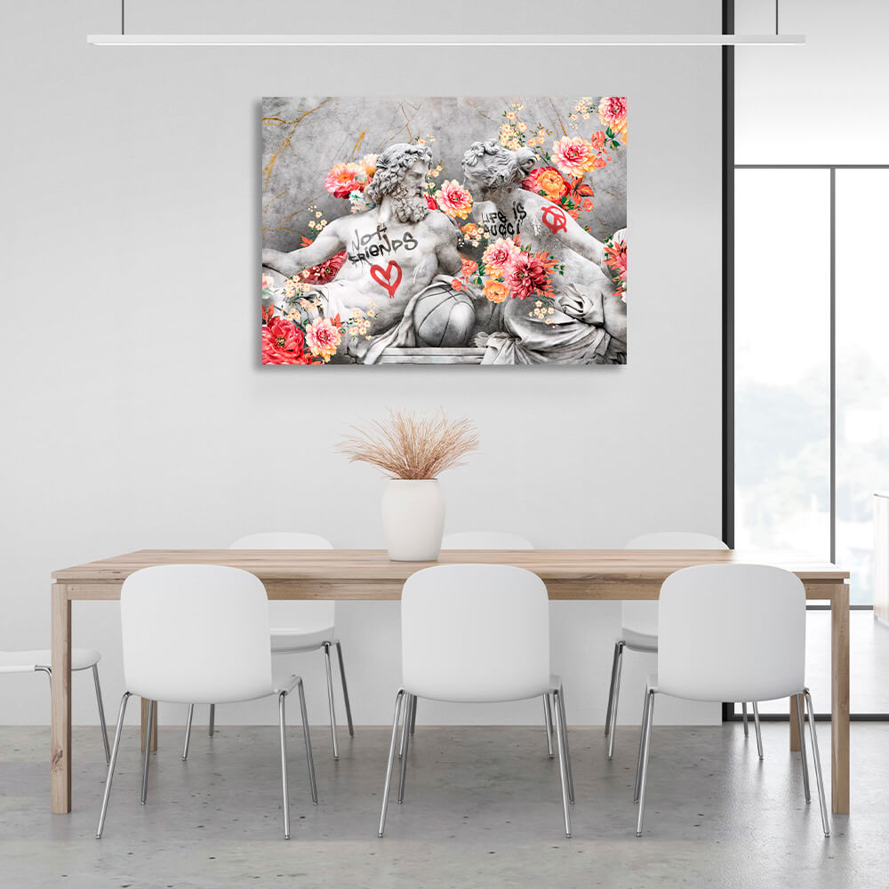 Statues of Zeus and Venus in flowers Canvas Wall Art Print