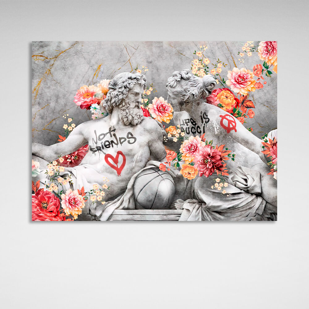 Statues of Zeus and Venus in flowers Canvas Wall Art Print