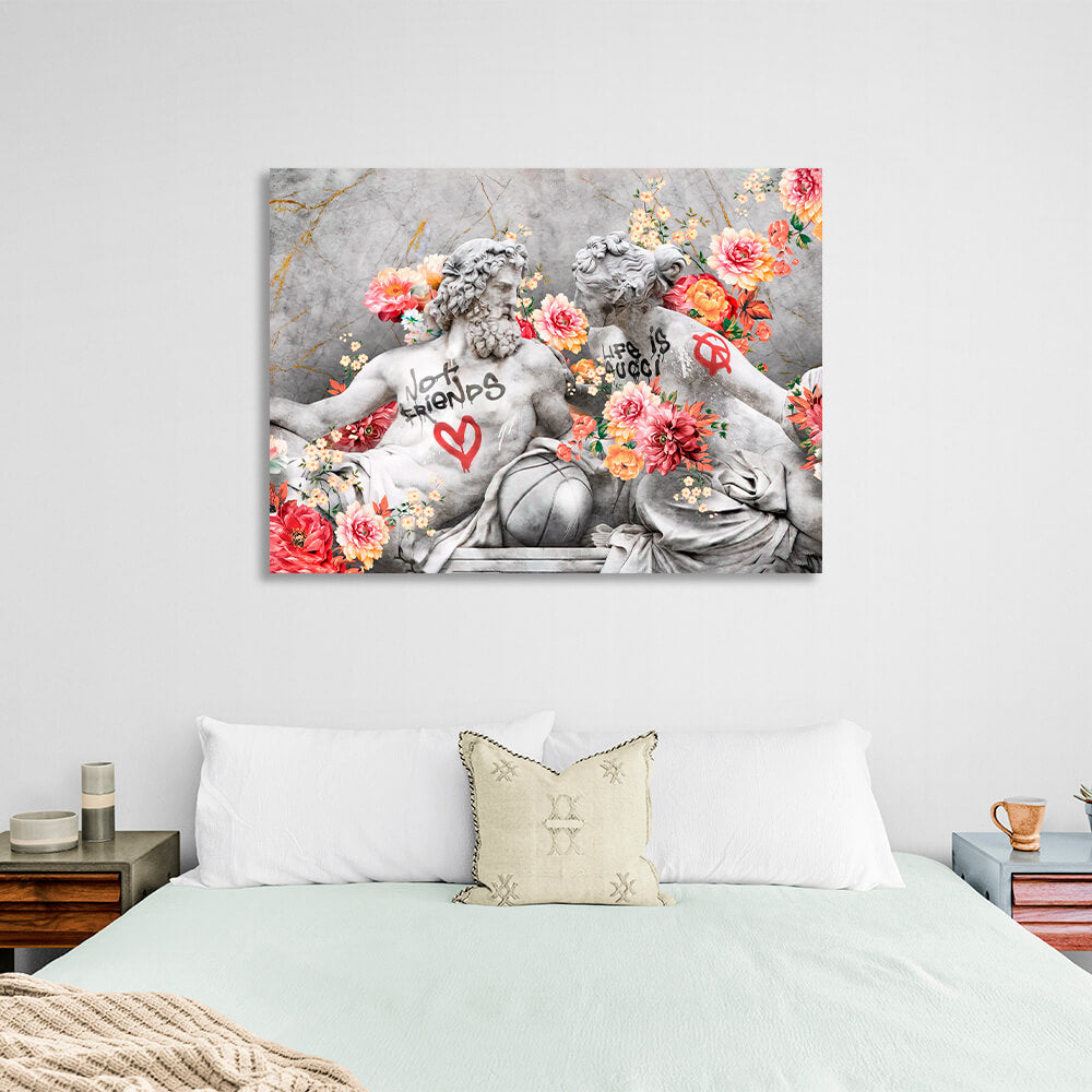 Statues of Zeus and Venus in flowers Canvas Wall Art Print