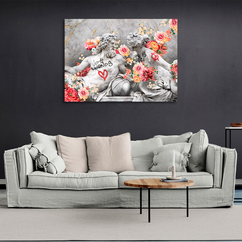 Statues of Zeus and Venus in flowers Canvas Wall Art Print