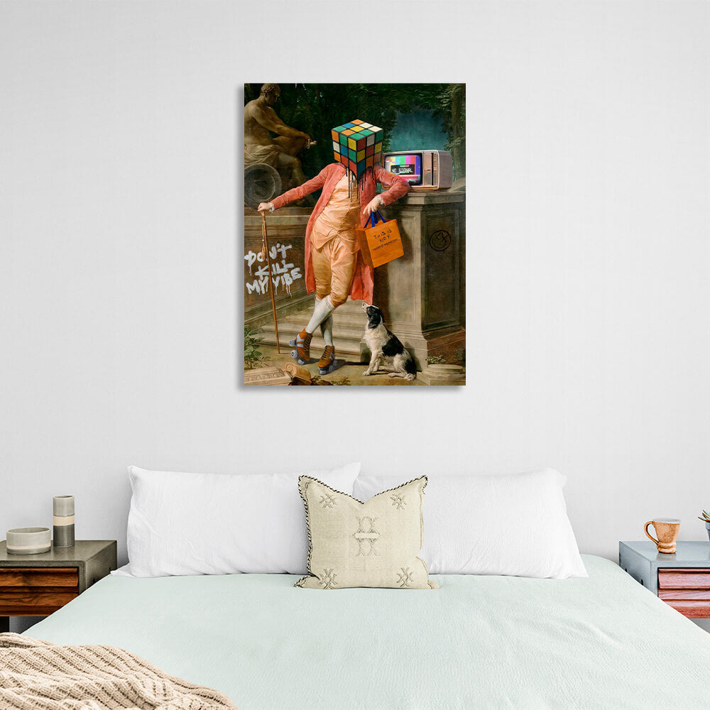 Man head Rubik's cube in the background of the statue Canvas Wall Art Print