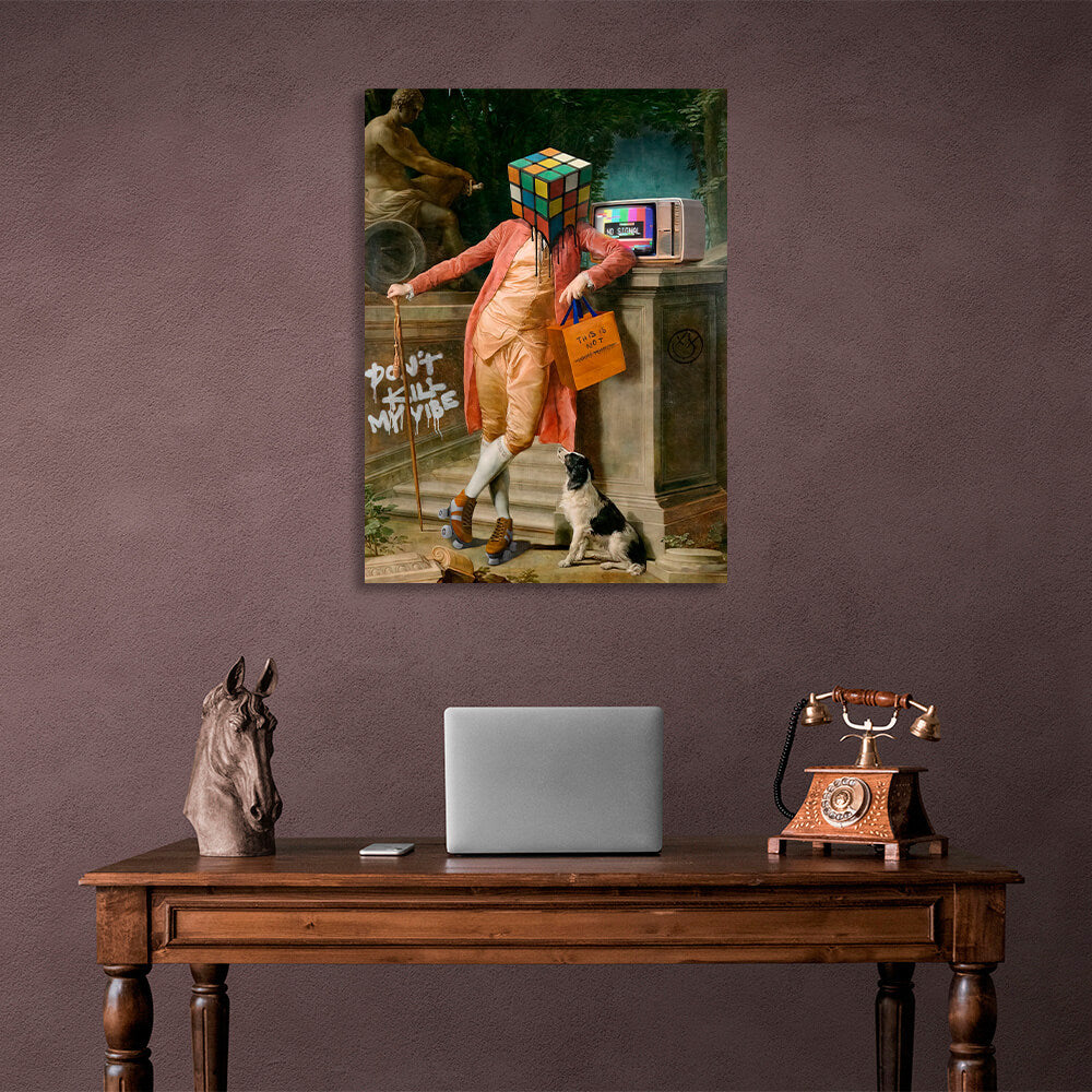 Man head Rubik's cube in the background of the statue Canvas Wall Art Print