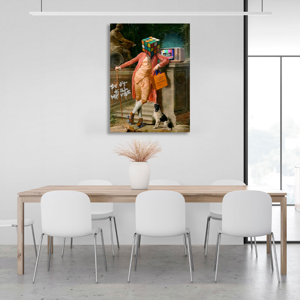 Man head Rubik's cube in the background of the statue Canvas Wall Art Print