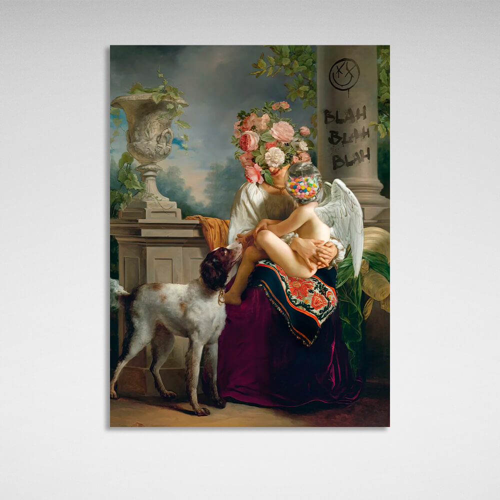 A woman with flowers on her head and an angel with candy Canvas Wall Art Print