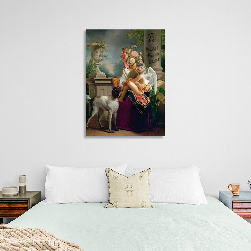 A woman with flowers on her head and an angel with candy Canvas Wall Art Print